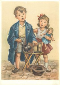 German greetings postcard children friendship hat joy doll 