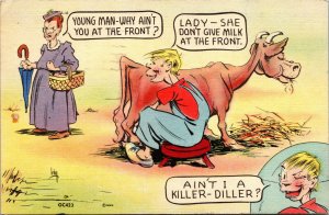 Vtg Linen Comic Postcard Farmer Milking Cow Funny Farm Joke Signed Lehy