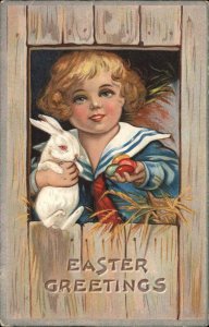 Easter Little Boy Gathers Eggs from Albino Rabbit c1910 Vintage Postcard