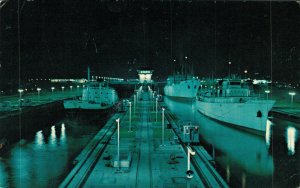Panama Night Scene Miraflores Locks Panama Canal Vintage Postcard 08.43