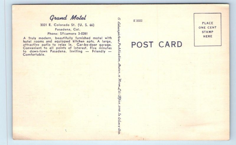 PASADENA, California CA ~ Route 66 GRAND MOTEL ca 1940s Linen  Postcard