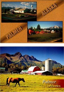 2~4X6 Postcards Palmer, AK Alaska VISITORS CENTER~TRAIN STATION~HORSE FARM/BARNS