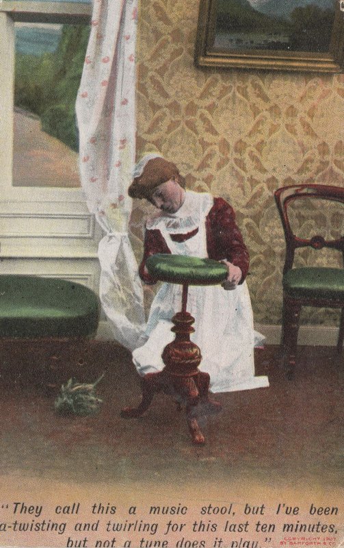 Maid Cleaning Antique Music Piano Stool Comic Postcard