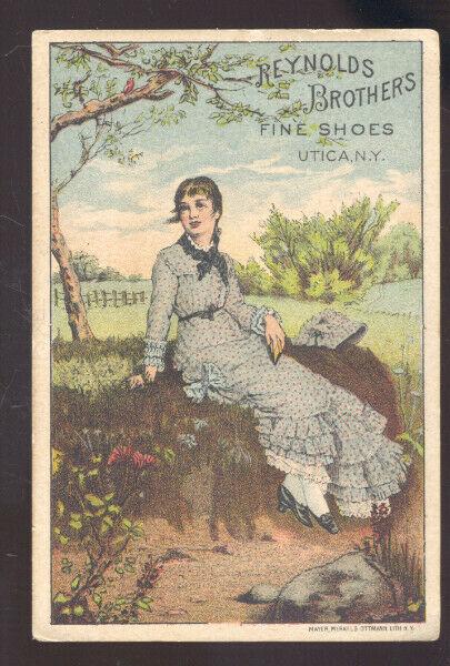 UTICA NEW YORK REYNOLDS BROS. SHOE STORE VICTORIAN TRADE CARD ADVERTISING