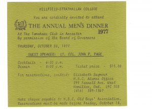 1977 Invitation, Annual Men`s Dinner, Tamahaac Club, Ancaster, Ontario