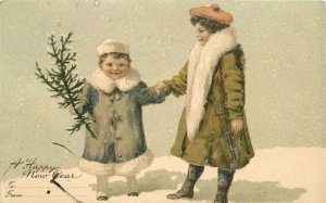 C-1905 Children Winter Coats Happy New Year International #5546 Postcard 21-9601