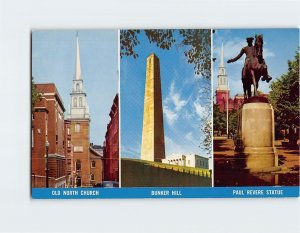 Postcard Old North Church Bunker Hill Paul Revere Statue Boston Massachusetts