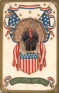 Thanksgiving Turkey Patriotic US Flag Embossed c1900s-10s Postcard
