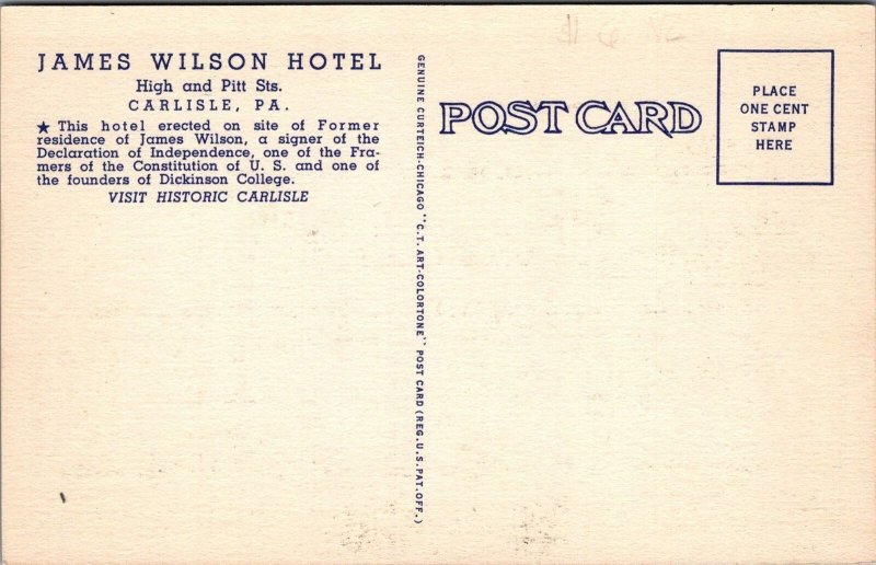 Postcard James Wilson Hotel Carlisle PA