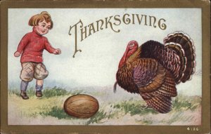 Thanksgiving Little Boy Football Player with Turkey c1910 Vintage Postcard