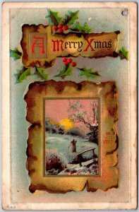 A Merry Christmas Snow Covered Scenic View Gold Frame Postcard