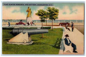 Fort Sumter Memorial And Battery Cannon Car Charleston SC Vintage Postcard