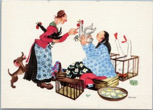 German Artist Hahn - Women with chickens, rooster, duck, dog, eggs postcard