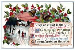 Christmas Postcard Clifton Bingham Message Holly Berries Ringing Bells c1910's