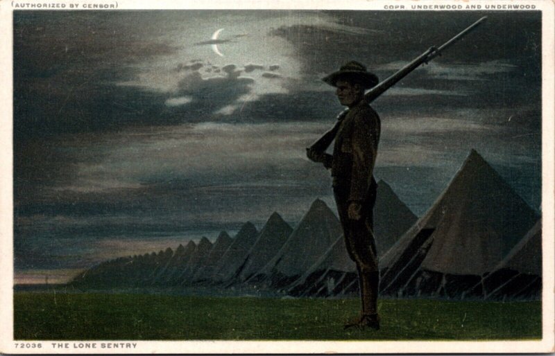 Artwork Postcard The Lone Sentry, Military Man Holding Rifle Standing Guard Camp