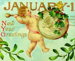 C. 1910 Superb Cherub Baby Playing Drum Holly Christmas New Years Postcard P36