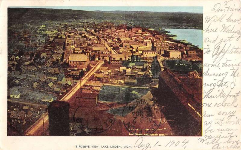 Lake Linden Michigan Birdseye View Of City Antique Postcard K104932