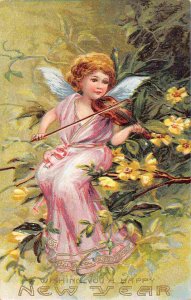 Angel Playing Violin Happy New Year Greeting 1910c postcard