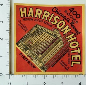 1930's-40's Harrison Hotel Chicago Art Deca Luggage Label Vintage Original E7