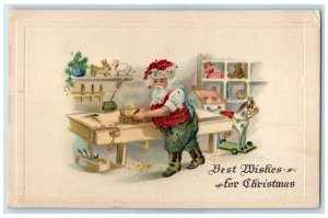 c1910's Christmas Santa Claus Workshop With Toys Embossed Quincy IL Postcard