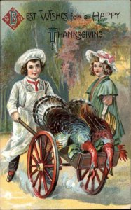 Thanksgiving Little Boy Chef Wheelbarrow of Dead Turkeys c1910 Postcard