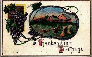 1911 THANKSGIVING GREETINGS TURKEY GRAPES  TINSELED EMBOSSED POSTCARD 34-73