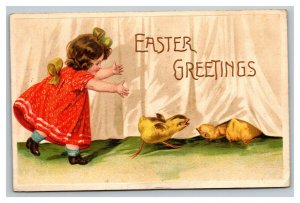 Vintage 1911 Easter Postcard Cute Girl Red Dress Chasing Cute Chicks