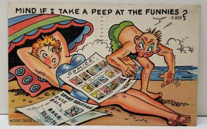 Humor - Mind if I take a Peek at the Funnies, Man to Bathing Beauty Postcard C16
