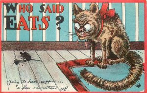 Skinny Weird Looking Cat Drools at Mouse, Who Said Eats? Postcard Ser. 99