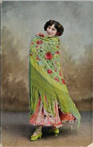 Portrait of Young Woman Green Shoes Shawl Unused Postcard G58
