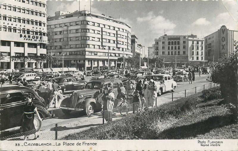 Morocco Postcard Casablanca Le Place de France classic vintage cars