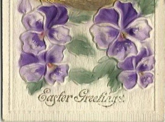 Heavily Embossed Novelty Airbrushed Card Quaint Cottage Easter Egg Pansies 1911