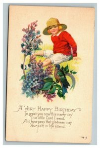 Vintage 1944 Birthday Postcard Boy with Straw Hat Purple Flowers Blue Bird NICE