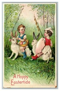 Vintage 1900's Fantasy Easter Postcard Two Children Riding Giant Rabbits Eggs 