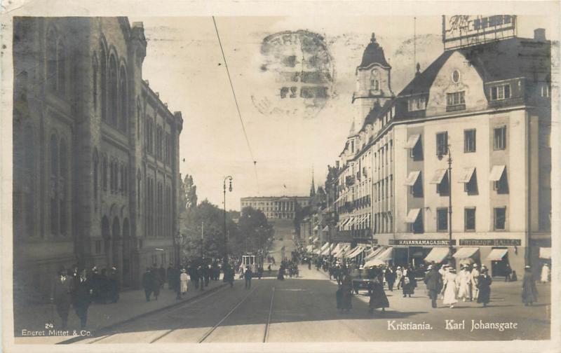 Norway Oslo Kristiana Karl Johansgate animated street stores tramway 1920s photo