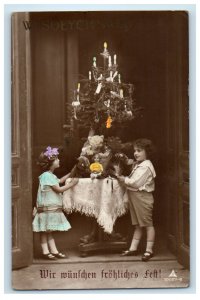 c1910's Christmas Tree Candles Girl Boy And Gifts Poland Antique Postcard