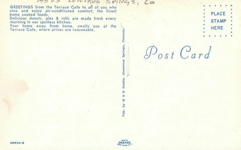 Colorado Springs Colorado Terrace Cafe 1950s M&B Studios Postcard 21-5987