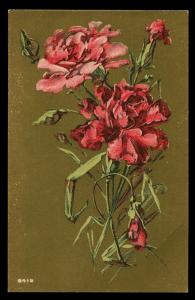 Pink carnations against gold background. Vintage postcard