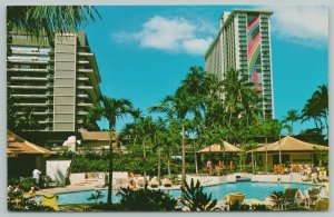 Honolulu Hawaii~Hilton Village Tapa Tower~Rainbow Tower~1960s Postcard