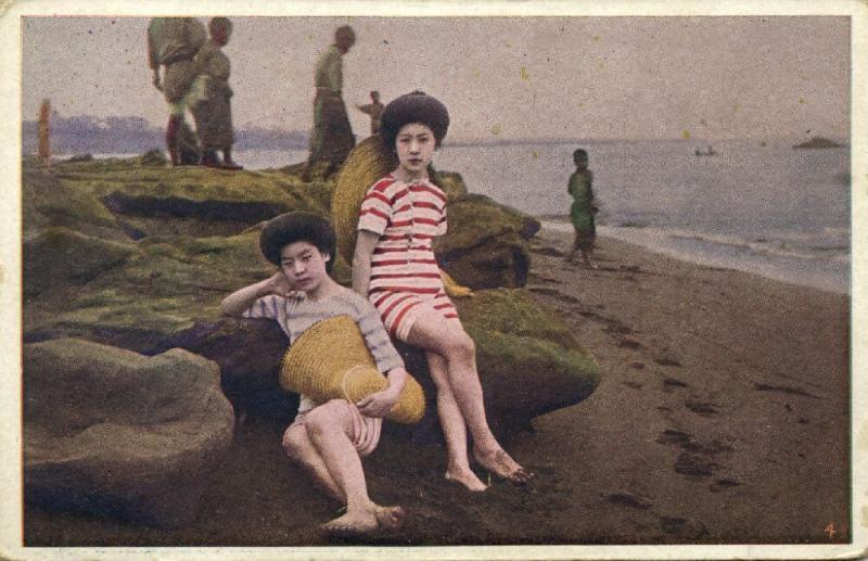 japan, Japanese Girls in Swimsuits Bathing Suits on the Beach (1910s)