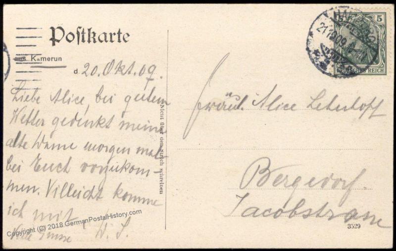 Germany 1909 Kamerun Bibundi Plantation Postcard PPC  Used Hamburg 85092