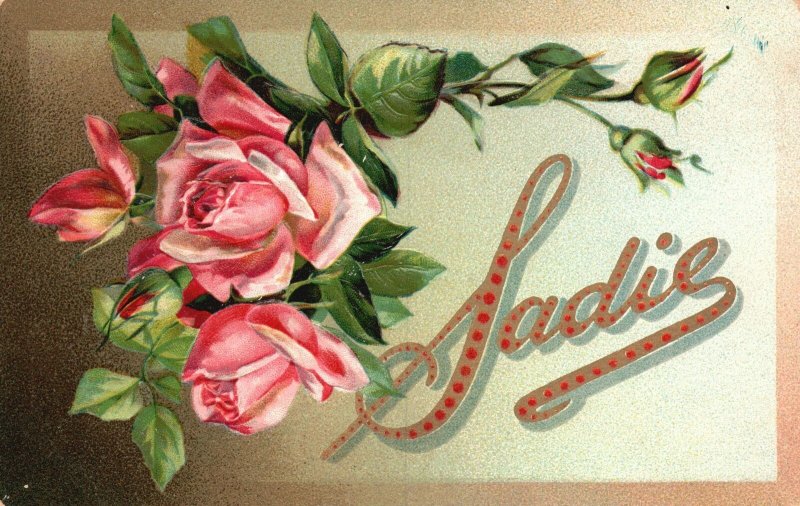 Vintage Postcard Sadie Golden Dotted Letters Pink Rose Bouquet Glittered