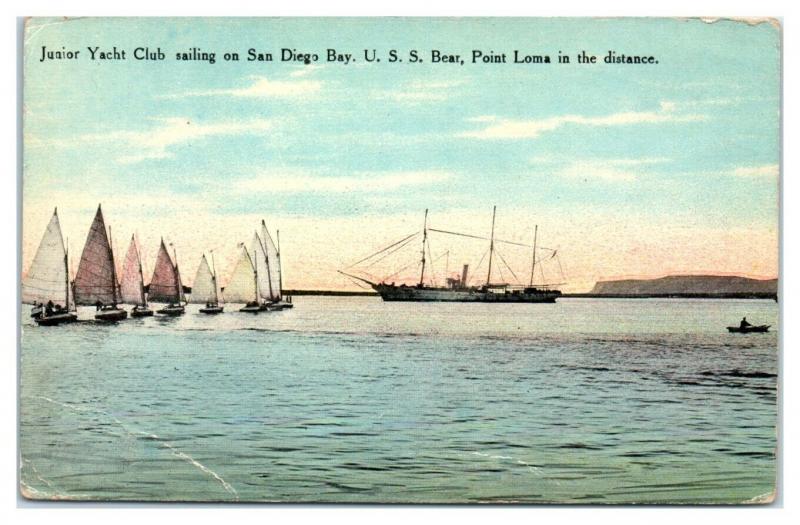 1915 Junior Yacht Club Sailing w/ USS Bear on San Diego Bay, CA Postcard *4W
