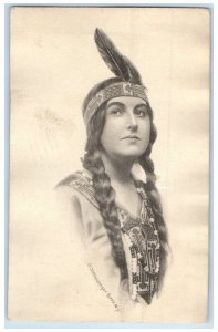 1914 Pretty Woman Indian Braided Hair Feather Gibson Albion Michigan MI Postcard