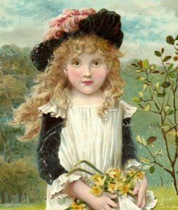 1880's-90's Victorian Card Spring Poem Adorable Girl Daffodils 7U