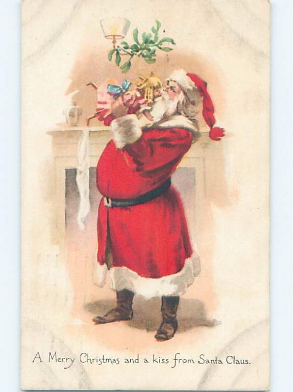 Pre-Linen christmas SANTA CLAUS HOLDING DOLL BY THE FIREPLACE hk9301