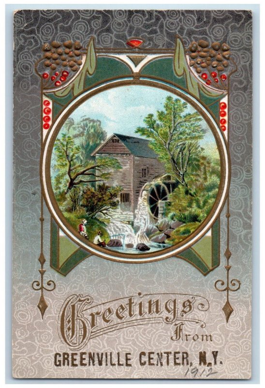 1912 Mill Scene Greetings from Greenville Center New York NY Embossed Postcard 