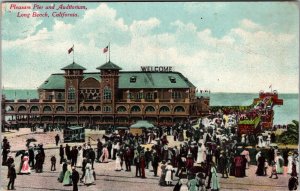 Pleasure Pier and Auditorium Long Beach CA c1916 Vintage Postcard Trolley JA11