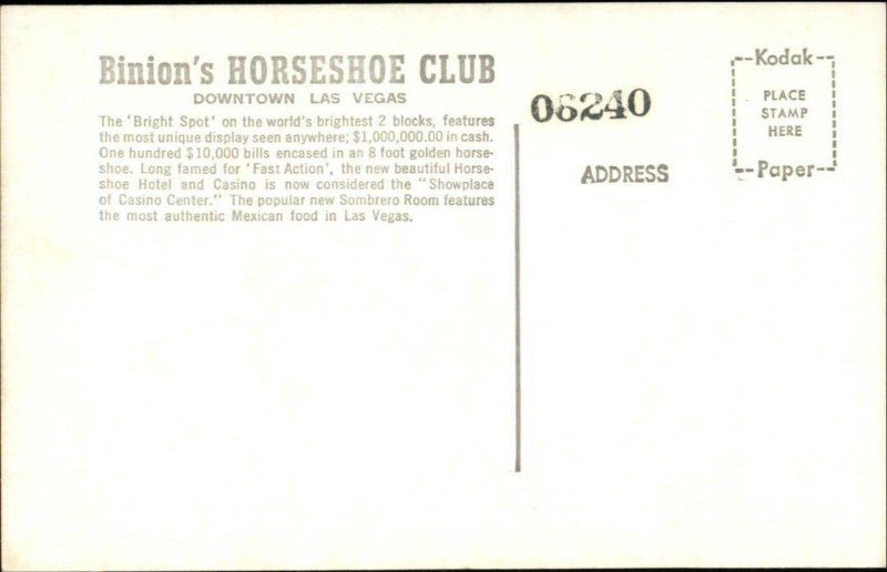 Las Vegas NV Binion's Horseshoe Club Real Photo Postcard #2