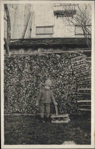 Little Boy & The Wood Pile - c1920 Real Photo Postcard ++Photography CRISP